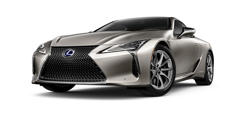Exterior of the Lexus LC Hybrid shown in Atomic Silver on a desert background | Lexus of Louisville in Louisville KY
